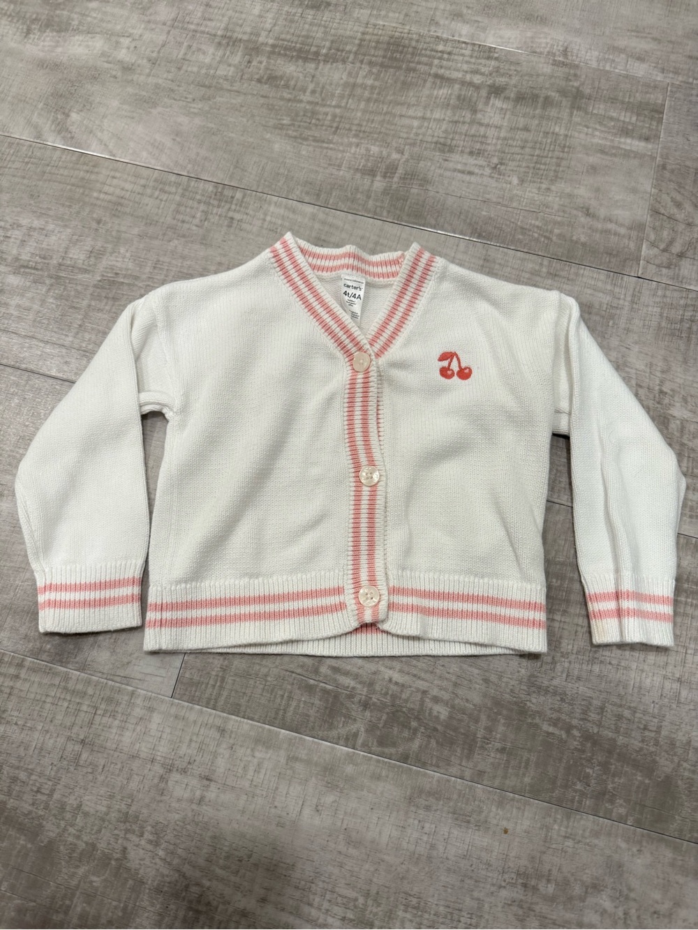 Carter's White Cardigan Sweater with Pink Trim & Cherry Patch